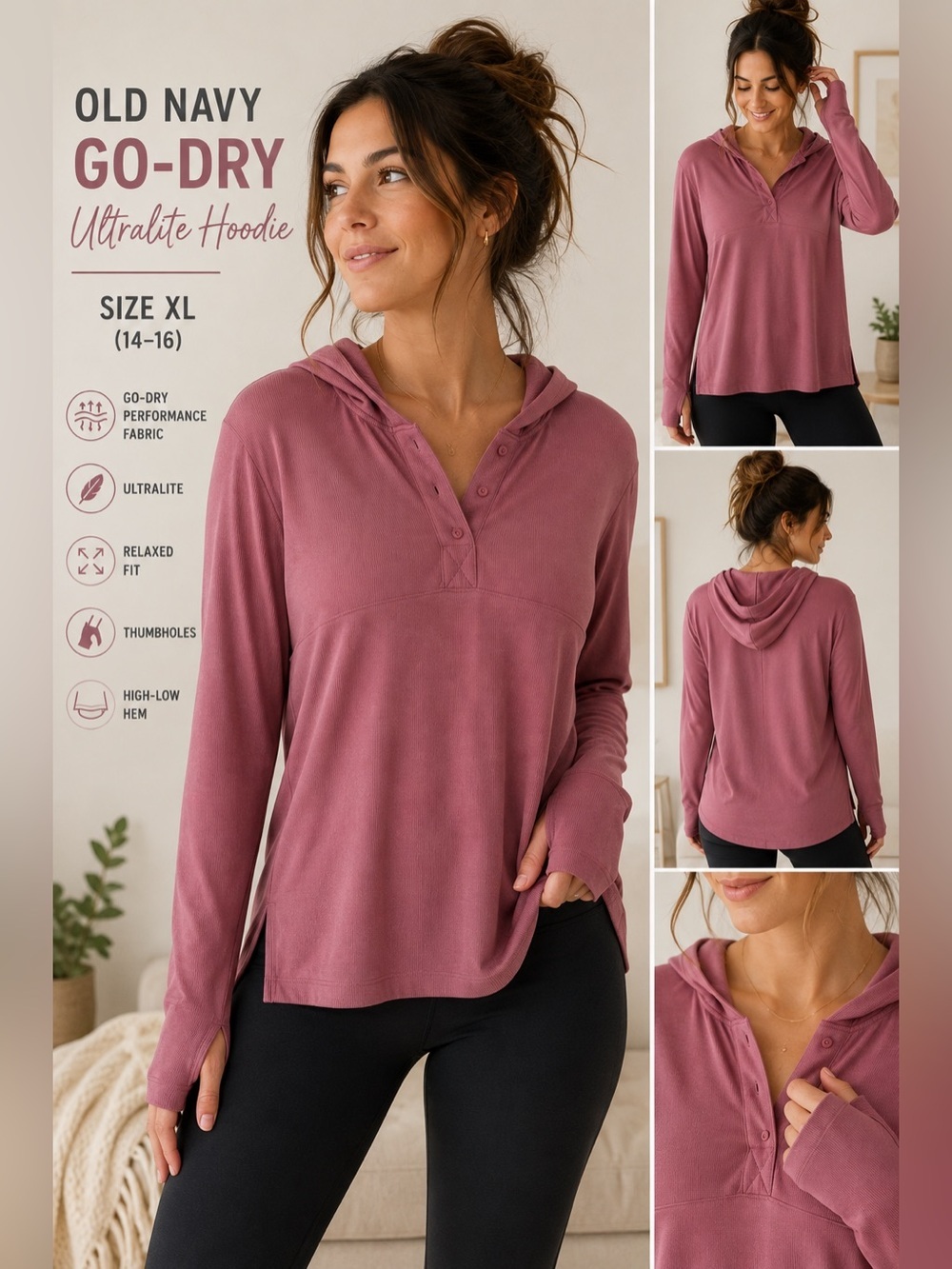 Old Navy Go-Dry Ultralite Ribbed Hoodie XL Dusty Rose Thumbholes Lightweight